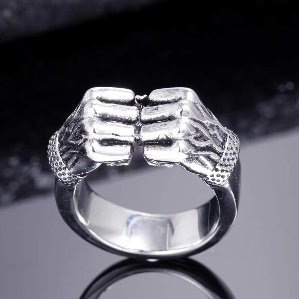 PAURO Men's Stainless Steel Vintage Fist Boxing Power Punk Finger Ring Personality Gothic Band Silver