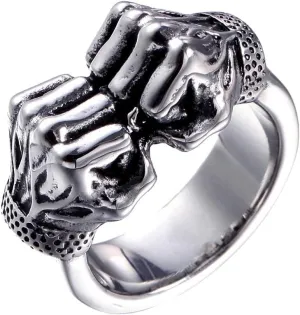 PAURO Men's Stainless Steel Vintage Fist Boxing Power Punk Finger Ring Personality Gothic Band Silver