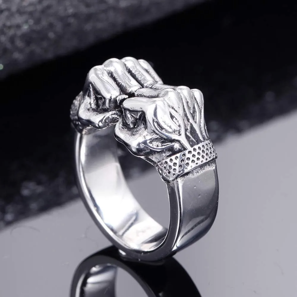 PAURO Men's Stainless Steel Vintage Fist Boxing Power Punk Finger Ring Personality Gothic Band Silver
