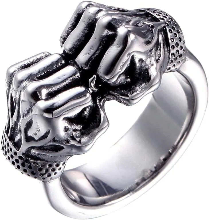 PAURO Men's Stainless Steel Vintage Fist Boxing Power Punk Finger Ring Personality Gothic Band Silver