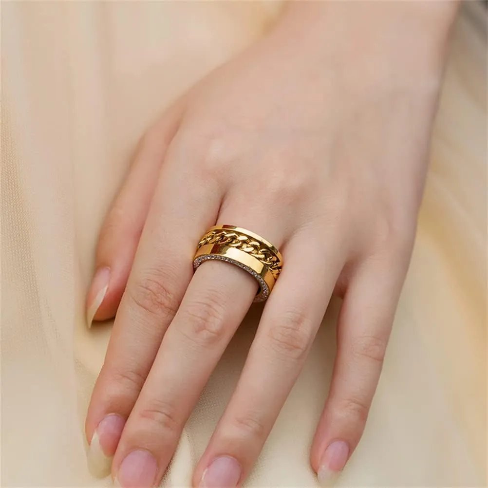 PAURO Women's Stainless Steel Rotating Chain Inlay Design Side with Zircon Wedding Band Ring