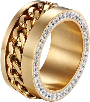 PAURO Women's Stainless Steel Rotating Chain Inlay Design Side with Zircon Wedding Band Ring