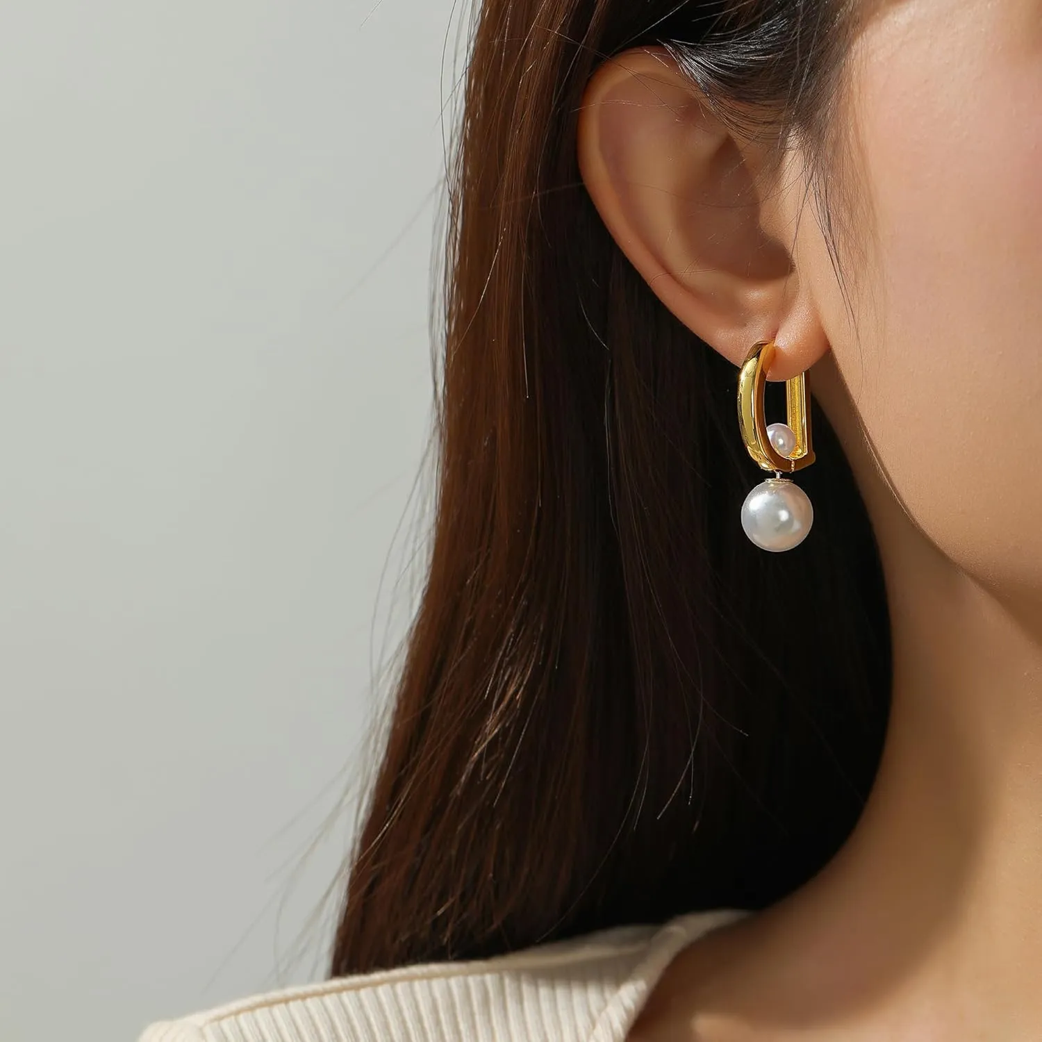 Pearl Gold Hoop Earrings for Women - 14K Gold Plated Pearl Chunky Hypoallergenic Trendy Hoop Earrings Dainty Jewelry For Women Gift