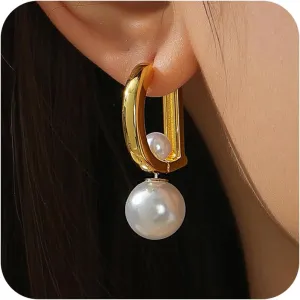 Pearl Gold Hoop Earrings for Women - 14K Gold Plated Pearl Chunky Hypoallergenic Trendy Hoop Earrings Dainty Jewelry For Women Gift