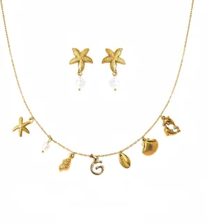 Pearl Gold Pendant Jewelry Bubble Letter Charm gold pendant Necklace Gold Initial Sea Shell Necklaces for Women Starfish Pearl Earrings for Women Trendy Beach Boho 18K Gold Plating Jewelry set A-Z Letter Gold Chain surf