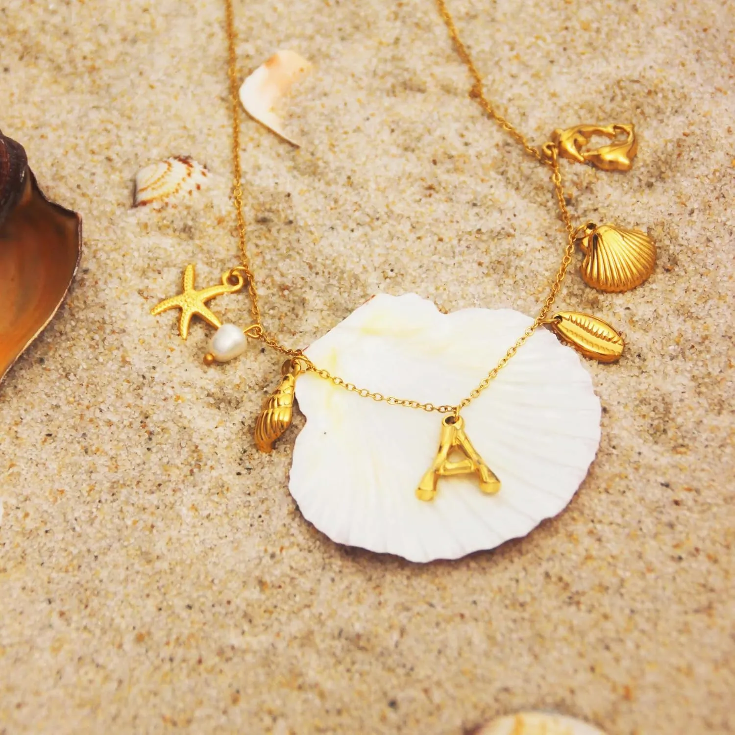 Pearl Gold Pendant Jewelry Bubble Letter Charm gold pendant Necklace Gold Initial Sea Shell Necklaces for Women Starfish Pearl Earrings for Women Trendy Beach Boho 18K Gold Plating Jewelry set A-Z Letter Gold Chain surf