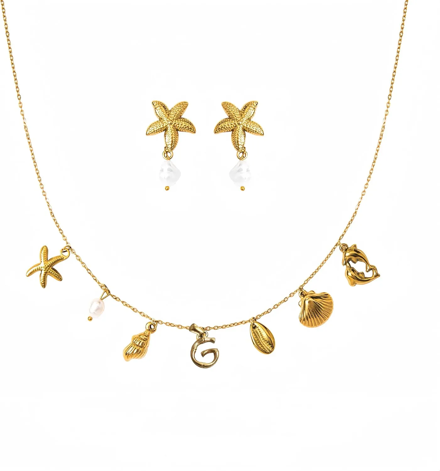Pearl Gold Pendant Jewelry Bubble Letter Charm gold pendant Necklace Gold Initial Sea Shell Necklaces for Women Starfish Pearl Earrings for Women Trendy Beach Boho 18K Gold Plating Jewelry set A-Z Letter Gold Chain surf