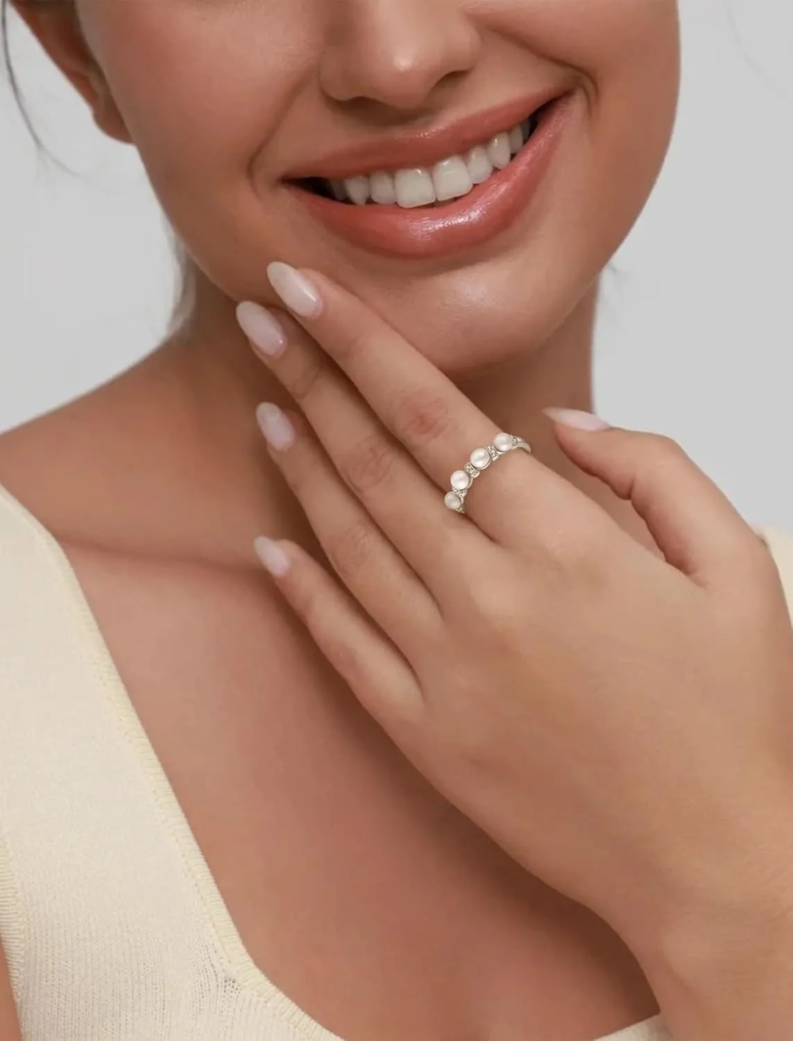 Pearl Stackable Rings For Women, 925 Sterling Silver Freshwater Cultured Pearl Rings Cubic Zironia Eternity Band Jewelry