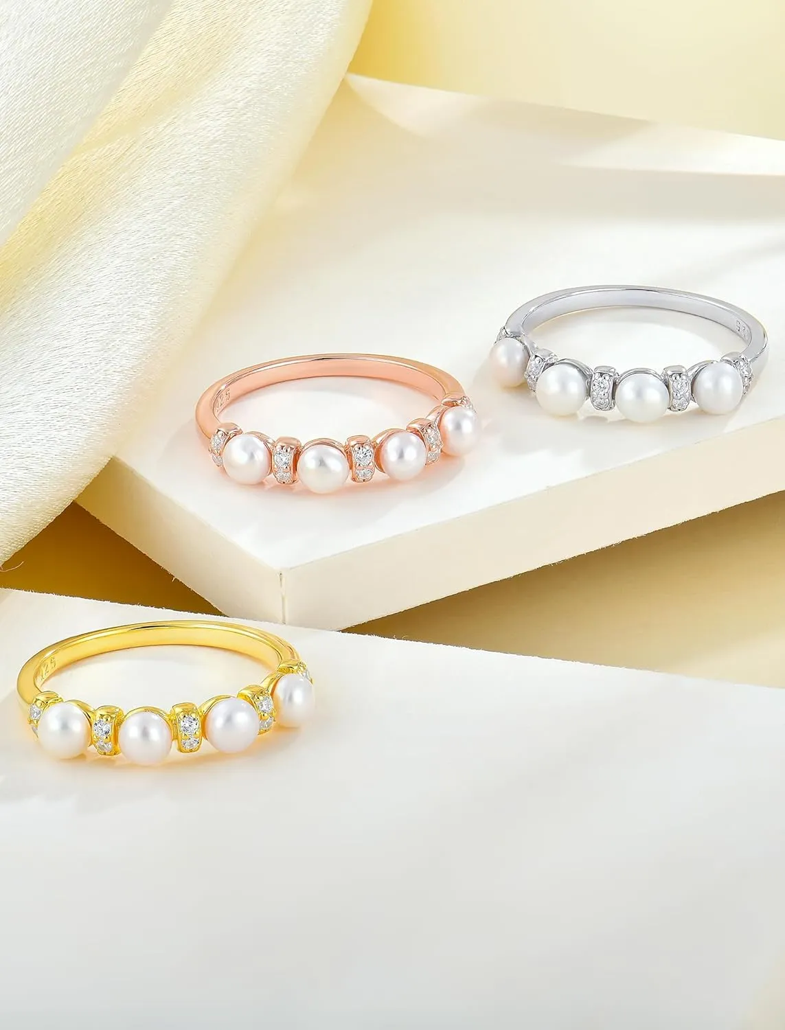 Pearl Stackable Rings For Women, 925 Sterling Silver Freshwater Cultured Pearl Rings Cubic Zironia Eternity Band Jewelry