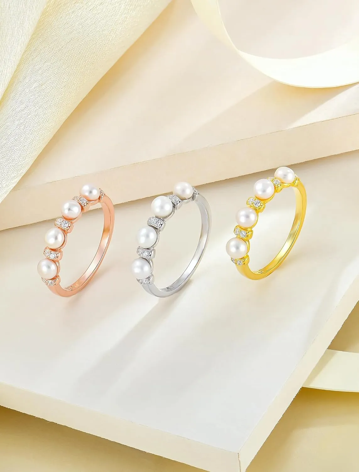 Pearl Stackable Rings For Women, 925 Sterling Silver Freshwater Cultured Pearl Rings Cubic Zironia Eternity Band Jewelry