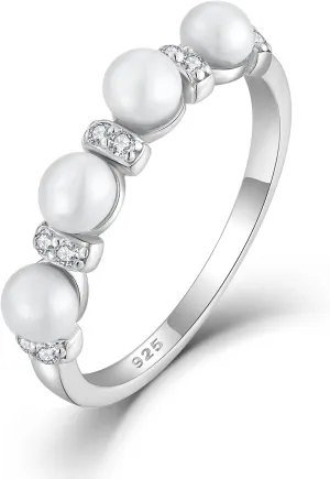 Pearl Stackable Rings For Women, 925 Sterling Silver Freshwater Cultured Pearl Rings Cubic Zironia Eternity Band Jewelry