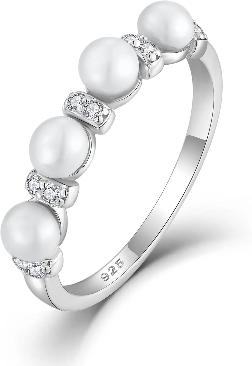 Pearl Stackable Rings For Women, 925 Sterling Silver Freshwater Cultured Pearl Rings Cubic Zironia Eternity Band Jewelry