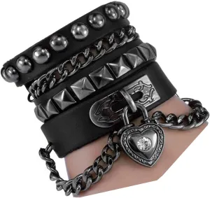 Perfect 4U Rivet Bracelet Multilayer Black Leather Cuff Heart Pendant Bangle Studded Chain Wrist Punk Sports Rock Bracelet Adjustable
