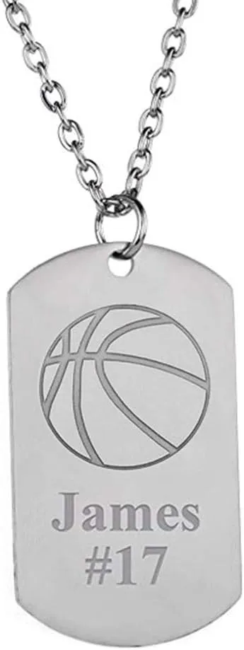 Personalized Dog Tag Engraved Stainless Steel Basketball Necklace Custom Name and Number