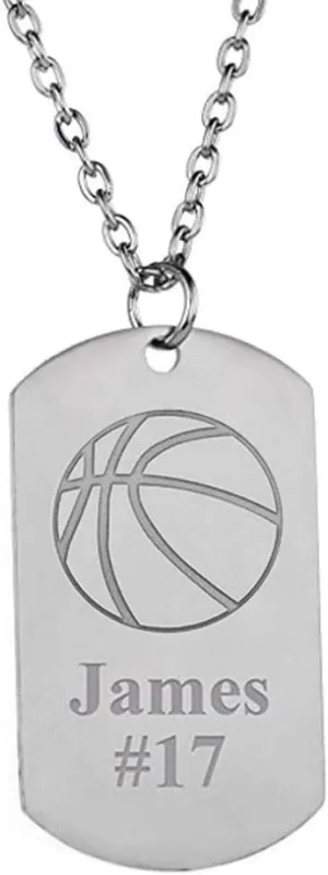 Personalized Dog Tag Engraved Stainless Steel Basketball Necklace Custom Name and Number