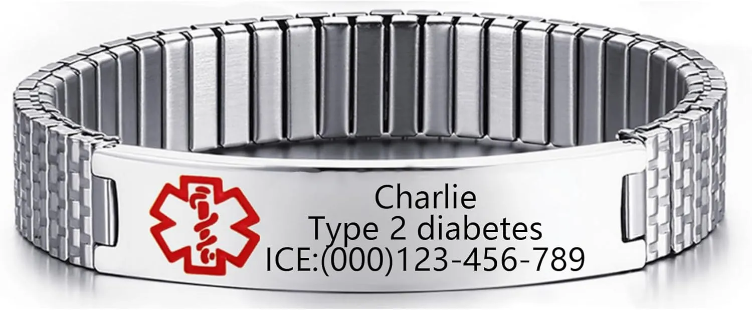 Personalized Emergency Medical Alert Bracelet, Custom Stainless Steel Family Bracelet with Free Engraving ID and Contact Number