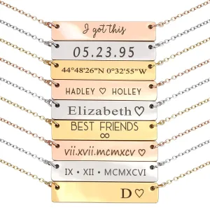 Personalized Engraved Bar Necklace, Custom Name, Date, Coordinates, Friendship Jewelry, Birthday, Wedding, Graduation, Mother's Day Gift for Women  4N