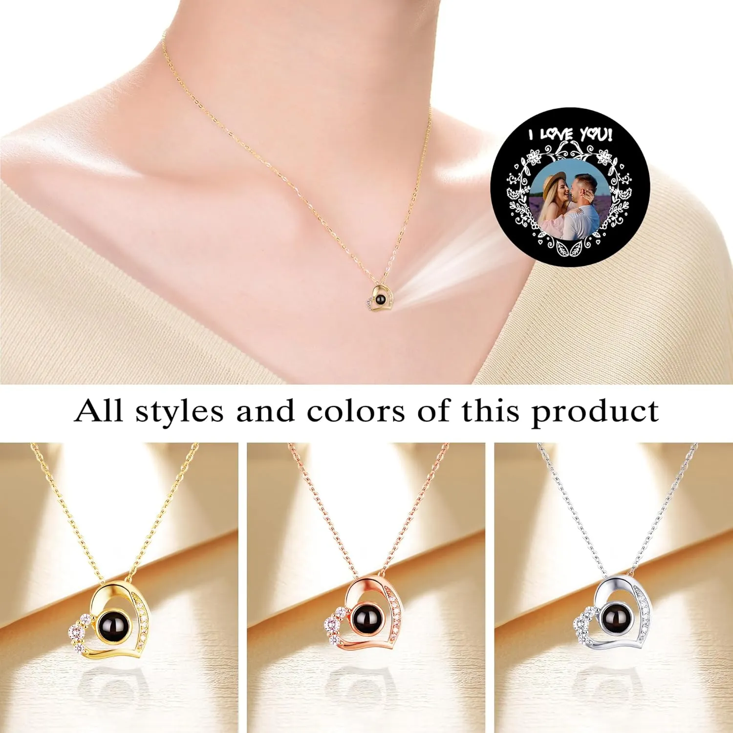 Personalized Picture Necklace Projection Necklace with Photo Inside - Custom Photo Pendant Necklace - 18K Real Gold Plating-Mothers Day Gifts for Mom Wife Valentines Love Memorial Gifts for Anniversary