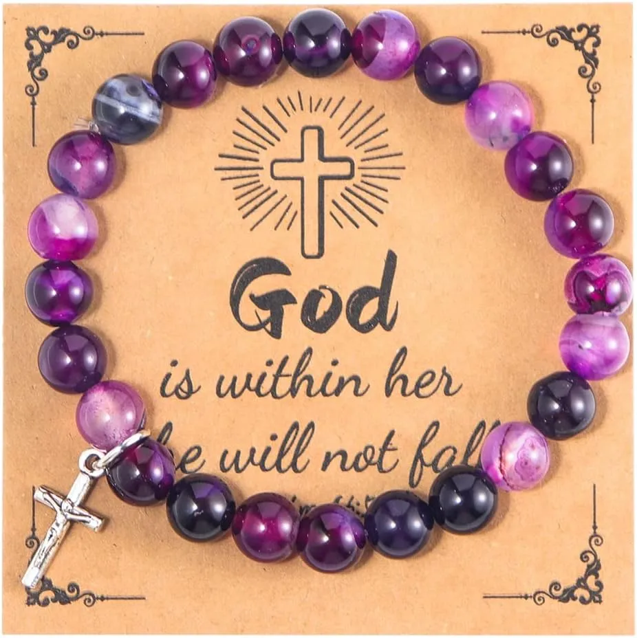 Pingyongchang Christian Gifts for Women Men, Healing Natural Stone Cross Beads Stretch Bracelet Religious Catholic Gifts Pink Zebra Bracelet Birthday Gifts,Easter Jewelry Gifts
