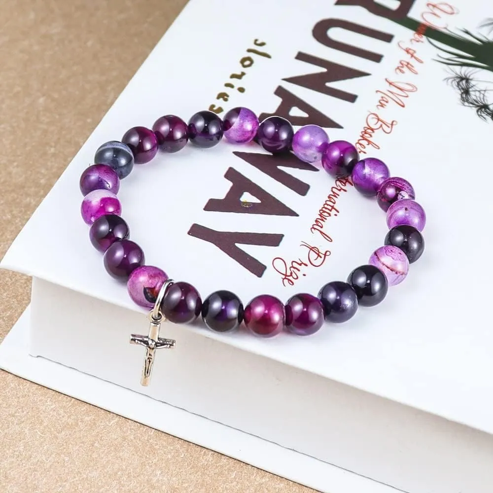 Pingyongchang Christian Gifts for Women Men, Healing Natural Stone Cross Beads Stretch Bracelet Religious Catholic Gifts Pink Zebra Bracelet Birthday Gifts,Easter Jewelry Gifts