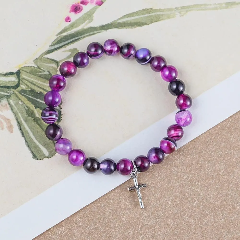 Pingyongchang Christian Gifts for Women Men, Healing Natural Stone Cross Beads Stretch Bracelet Religious Catholic Gifts Pink Zebra Bracelet Birthday Gifts,Easter Jewelry Gifts