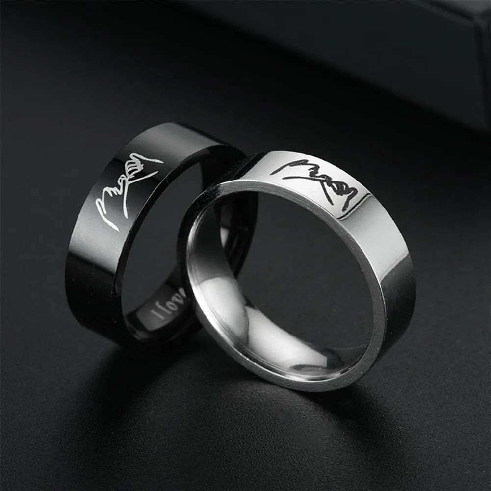 Pinky Promise Couple Rings Hand in Hand Ring Stainless Steel High Polish I Love You Carved Wedding Band Statement Ring for Women Men Friendship Lovers Jewelry
