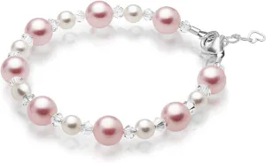Pretty Sterling Silver Bracelets for Girls with Pink and White Simulated Pearls, European Crystals, Girls Jewelry, Pearl Bracelet for Girl, Birthday Gifts
