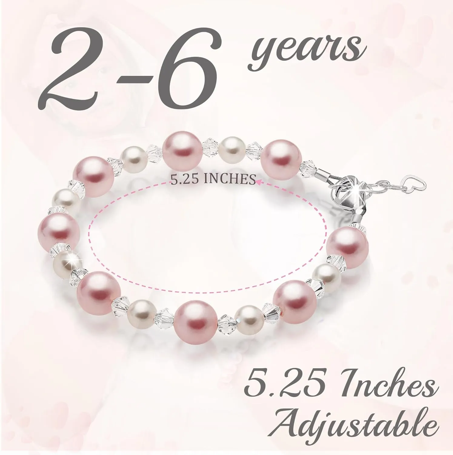 Pretty Sterling Silver Bracelets for Girls with Pink and White Simulated Pearls, European Crystals, Girls Jewelry, Pearl Bracelet for Girl, Birthday Gifts