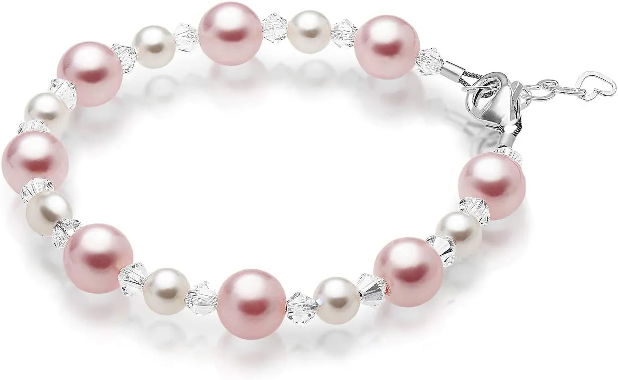 Pretty Sterling Silver Bracelets for Girls with Pink and White Simulated Pearls, European Crystals, Girls Jewelry, Pearl Bracelet for Girl, Birthday Gifts