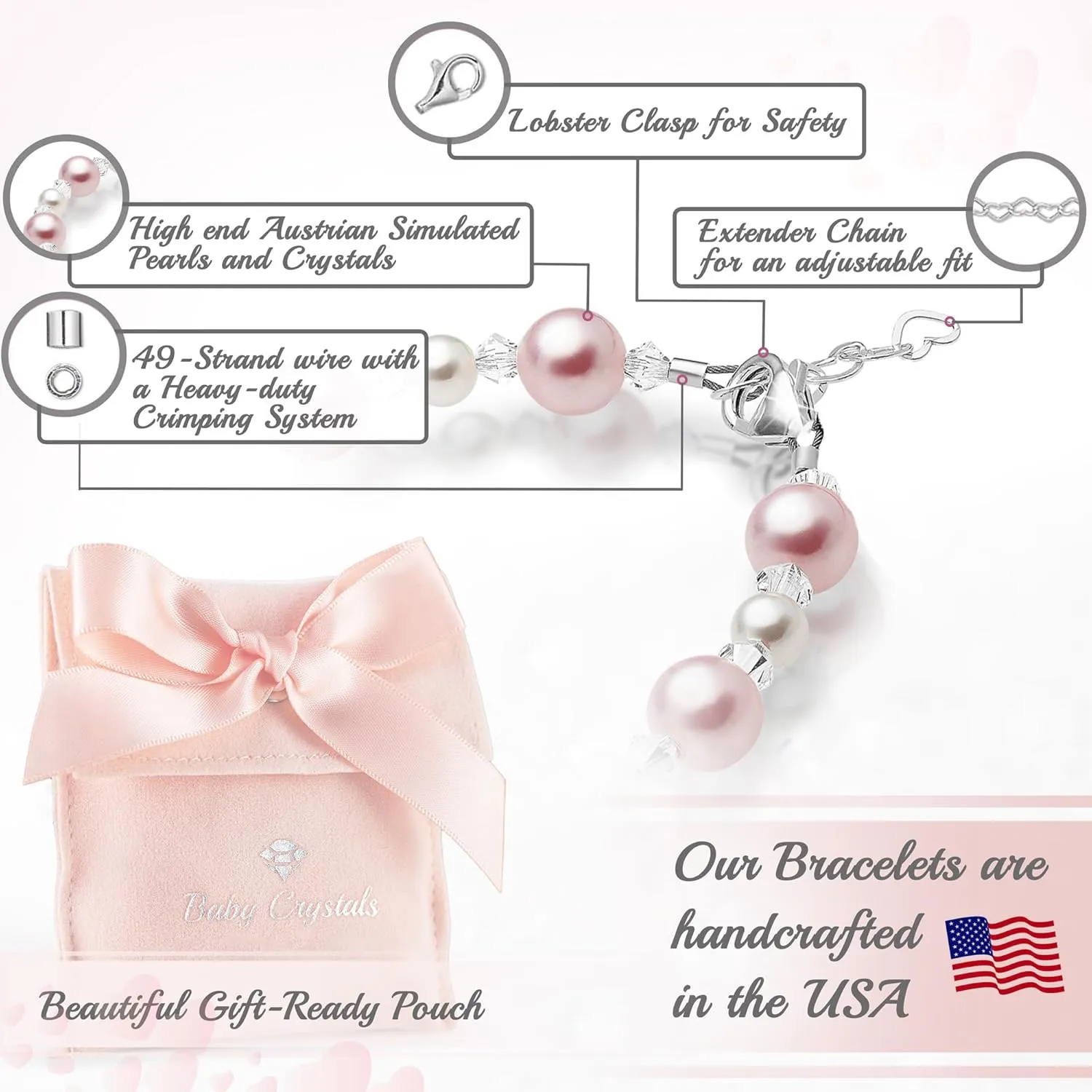 Pretty Sterling Silver Bracelets for Girls with Pink and White Simulated Pearls, European Crystals, Girls Jewelry, Pearl Bracelet for Girl, Birthday Gifts
