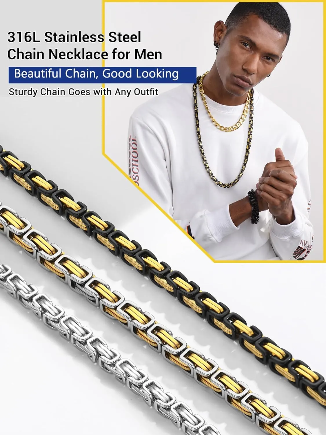PROSTEEL 4MM/6MM/8MM Stainless Steel Necklace for Men, Stylish and Cool, Byzantine Chain Black Gold Silver Tone, 18-30 Inches, Come with Box