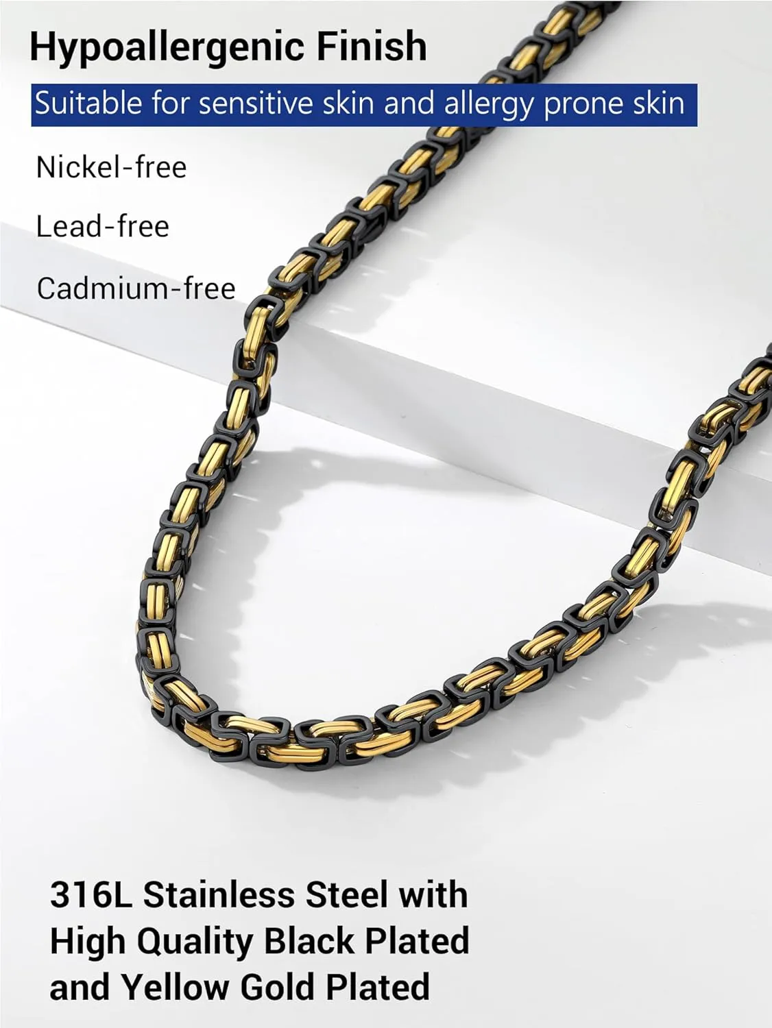 PROSTEEL 4MM/6MM/8MM Stainless Steel Necklace for Men, Stylish and Cool, Byzantine Chain Black Gold Silver Tone, 18-30 Inches, Come with Box
