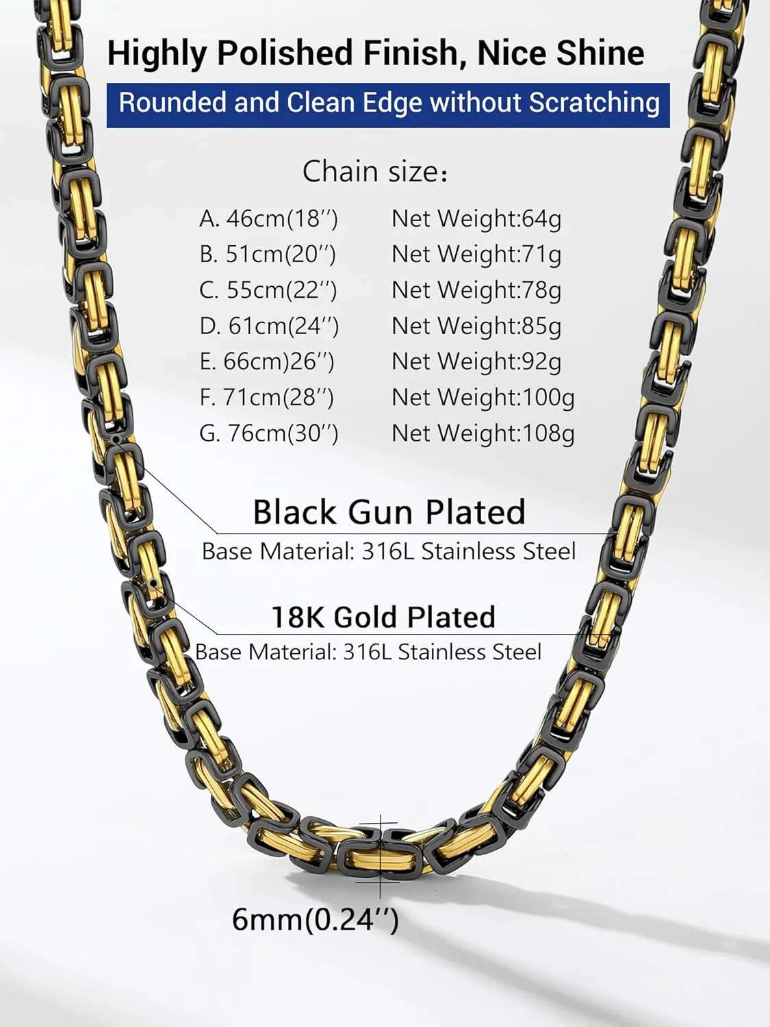 PROSTEEL 4MM/6MM/8MM Stainless Steel Necklace for Men, Stylish and Cool, Byzantine Chain Black Gold Silver Tone, 18-30 Inches, Come with Box