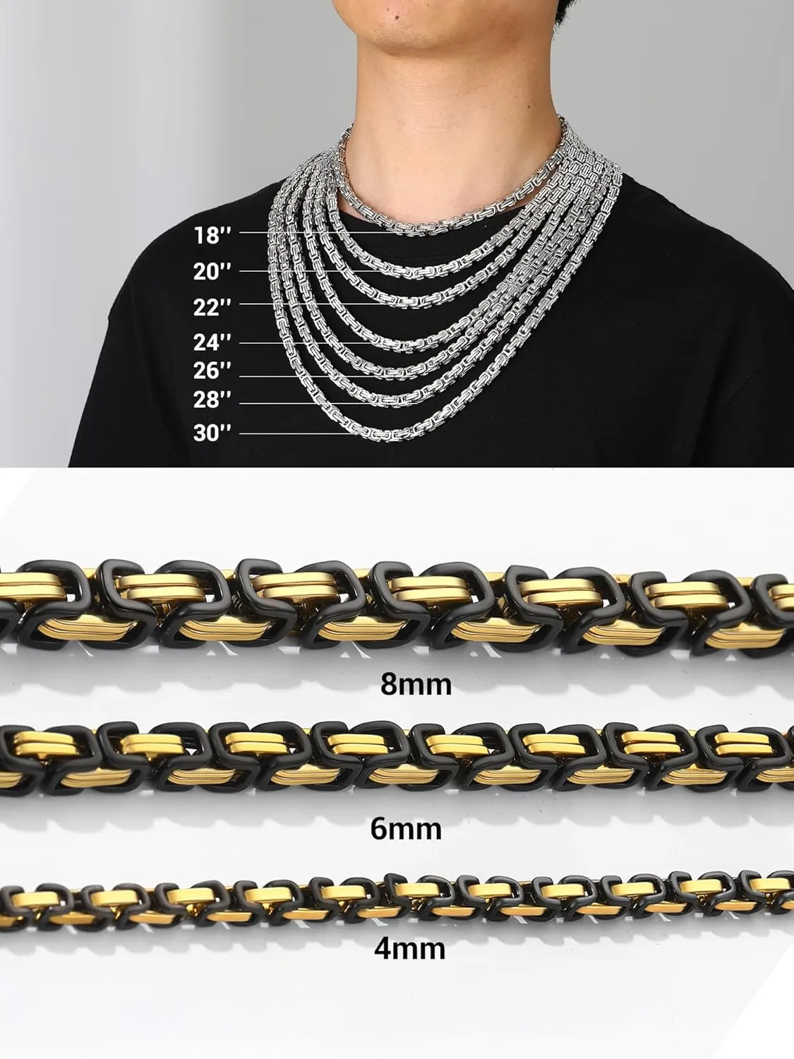 PROSTEEL 4MM/6MM/8MM Stainless Steel Necklace for Men, Stylish and Cool, Byzantine Chain Black Gold Silver Tone, 18-30 Inches, Come with Box