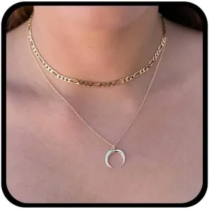 Punk Layered Moon Choker Necklace Gold Crescent Moon Necklace Celestial Moon Pendent Necklace Ox Horn Necklace Figaro Chain Collar Necklace Jewelry for Women