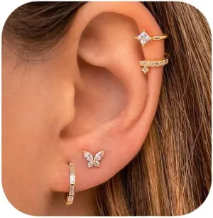 QUINBY Gold Earrings For Women Trendy, Flat Back Small Stud Butterfly Earrings,14k Gold Hypoallergenic Stud Earring,3 Pairs Butterfly Jewellery Set,Dainty Earring For Sensitive Ears