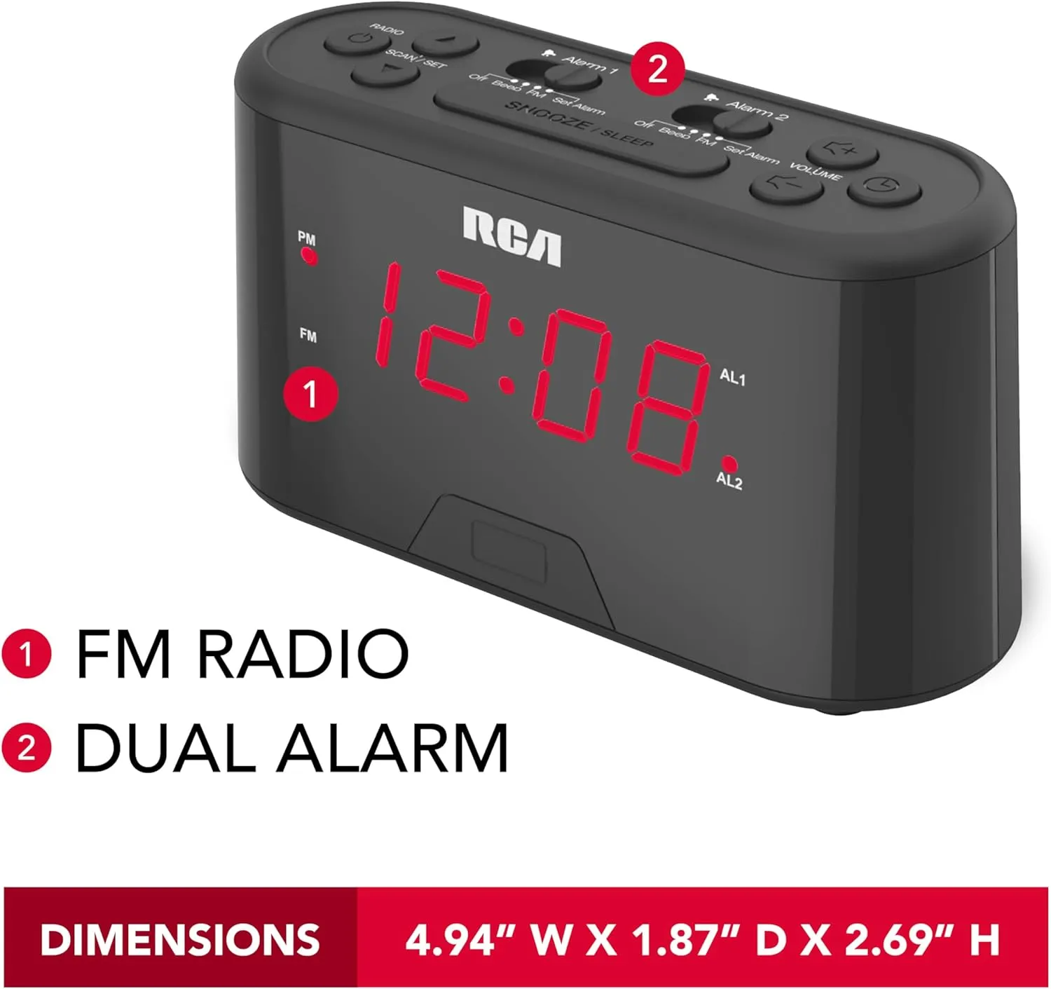 RCA AM/FM Alarm Clock Radio w/Red LED And Dual Wake - Black