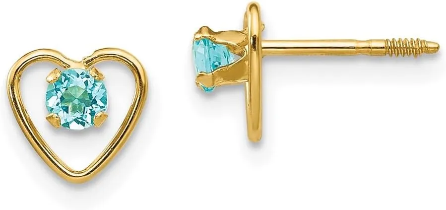 Real 14k Yellow Gold 3mm Blue Zircon Birthstone Heart Button Post Studs Earrings 6mm