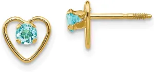 Real 14k Yellow Gold 3mm Blue Zircon Birthstone Heart Button Post Studs Earrings 6mm