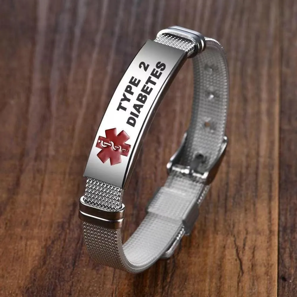 Red Medical Alert ID Emergency Bracelet for Women Men's First Aid Seniors Health Alarm Stainless Steel Plate Adjustable PVC Band Bracelets