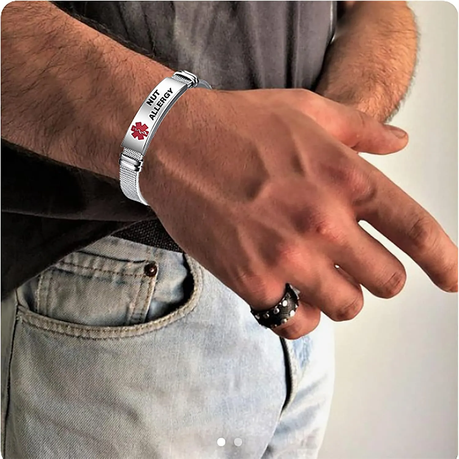 Red Medical Alert ID Emergency Bracelet for Women Men's First Aid Seniors Health Alarm Stainless Steel Plate Adjustable PVC Band Bracelets