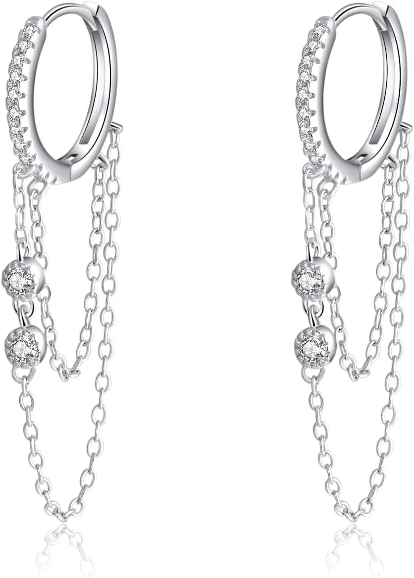 Reffeer 925 Sterling Silver Chain Drop Earrings Hoop for Women Teens CZ Hoop Chain Earrings Dangle
