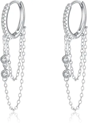 Reffeer 925 Sterling Silver Chain Drop Earrings Hoop for Women Teens CZ Hoop Chain Earrings Dangle