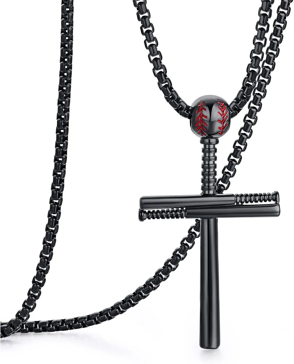 Rehoboth Baseball Bat Cross Pendant Necklace for Men Women with 22 2" Adjustable Stainless Steel Chain Black Gold Silver