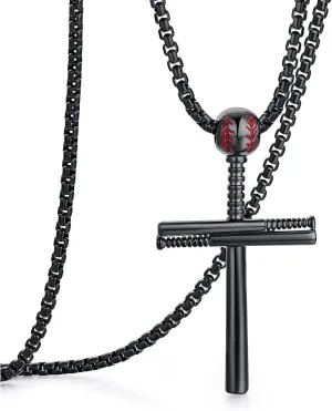 Rehoboth Baseball Bat Cross Pendant Necklace for Men Women with 22 2" Adjustable Stainless Steel Chain Black Gold Silver