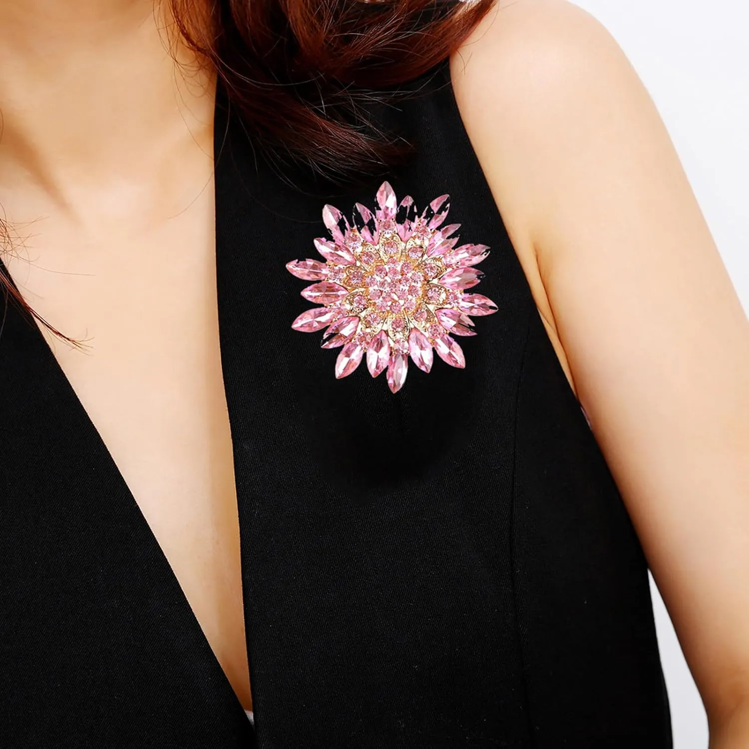Rhinestone Sunflower Brooch Pins Red/Pink/Black/Purple/White Flower Brooch Elegant Premium Clothing Hat Bag Skirt Accessories for Women Teen Girls