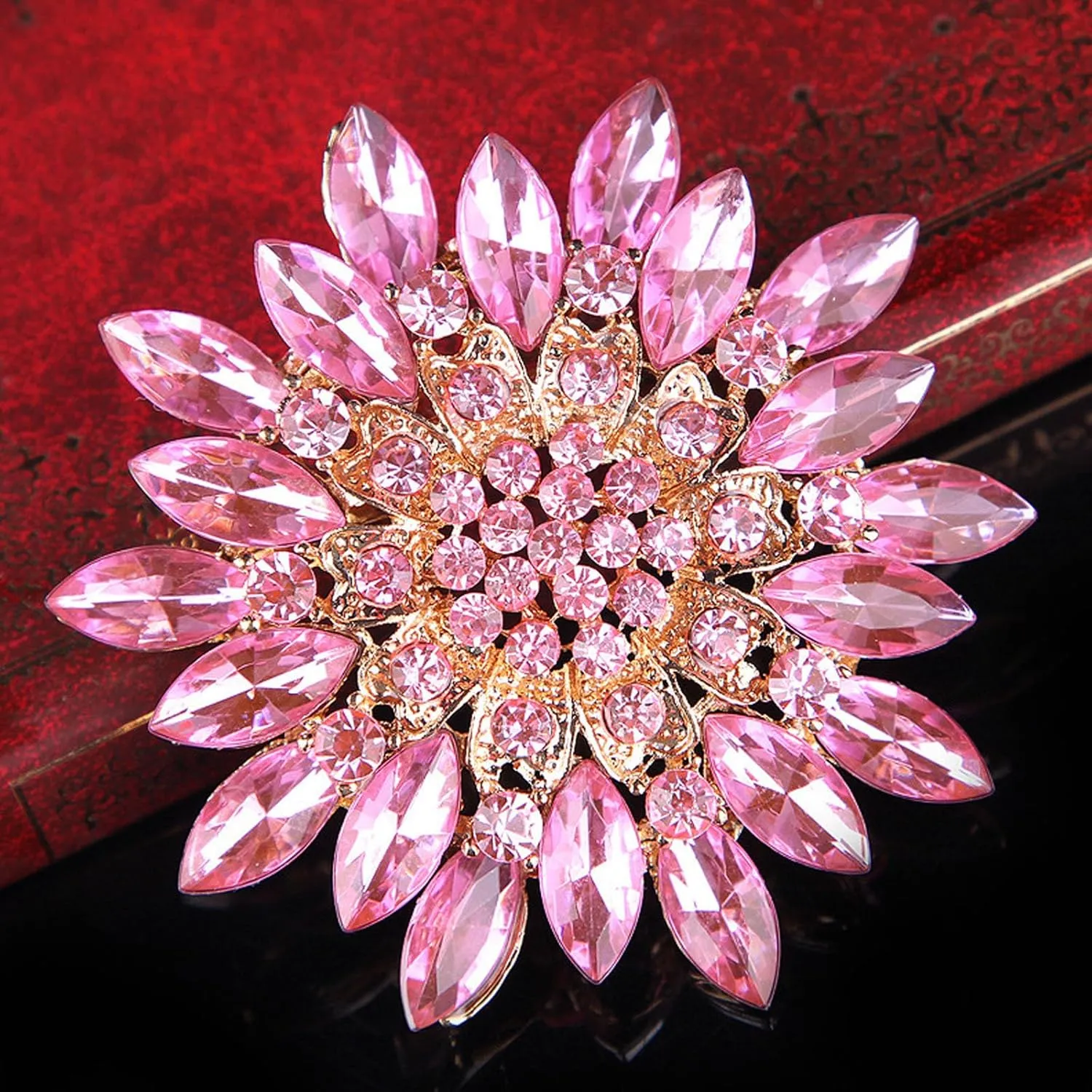 Rhinestone Sunflower Brooch Pins Red/Pink/Black/Purple/White Flower Brooch Elegant Premium Clothing Hat Bag Skirt Accessories for Women Teen Girls