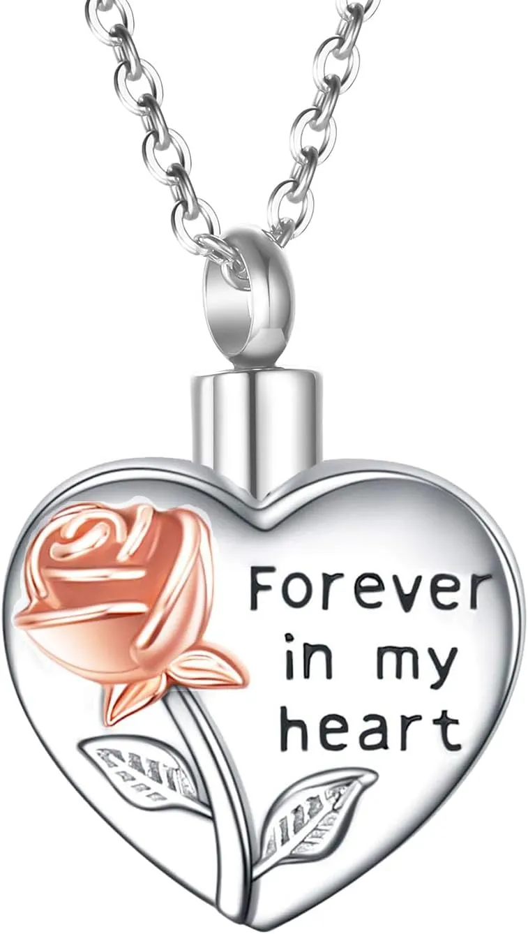 Rose Flower Cremation Jewelry for Ashes of Loved Ones Keepsake Heart Flower Urn necklace Locket Eternity Memorial Forever in My Heart Ashes Keepsake Necklace