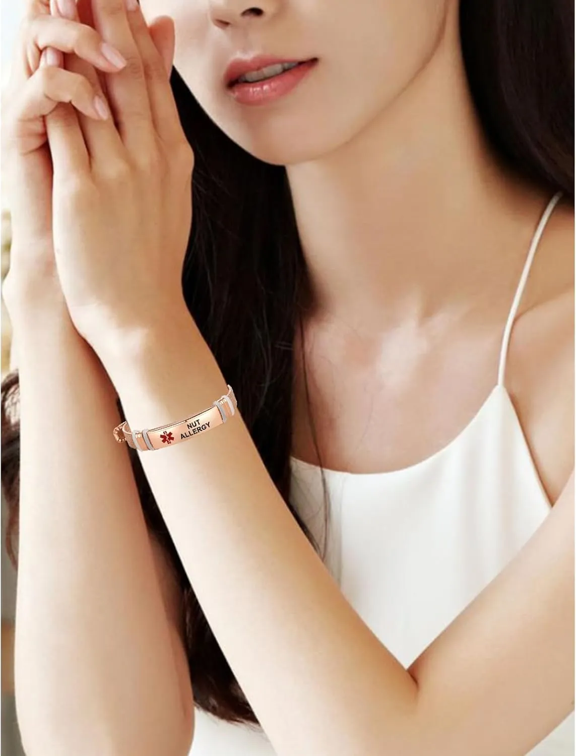Rose Gold Red Medical Alert ID Bracelet for Women Men's Emergency First Aid Health Alert Laser Engraved Satinless Steel Adjustable Wristband Bracelets