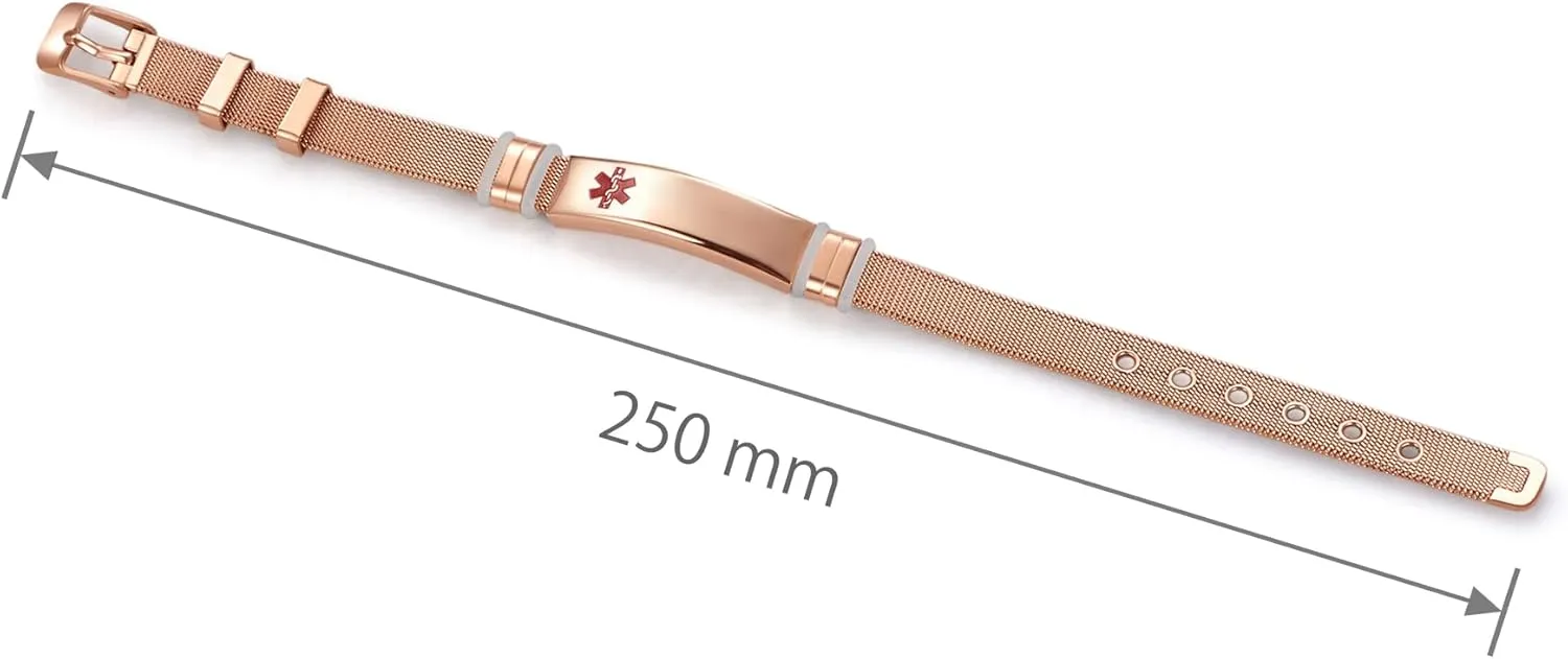 Rose Gold Red Medical Alert ID Bracelet for Women Men's Emergency First Aid Health Alert Laser Engraved Satinless Steel Adjustable Wristband Bracelets